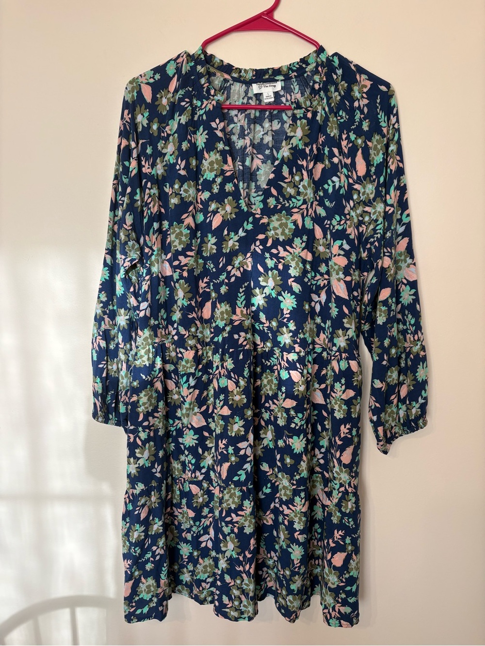 Navy Floral V-Neck Midi Dress with Pink & Green Print